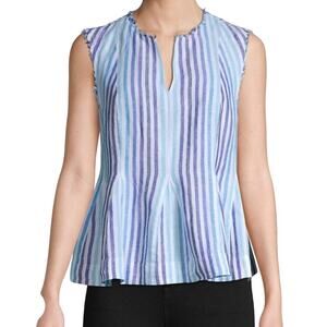 Pure Navy Striped Sleeveless Split Neck Linen Peplum Top Frayed Trim Women's S